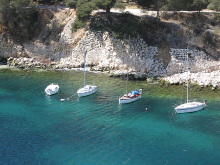 Boats At Bay - docked, four, ocean, boats, blue