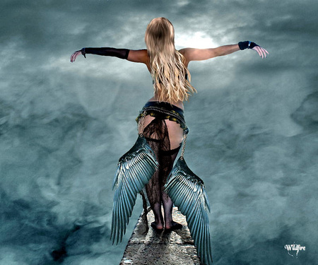 Daughter of Icarus - angel, female, beautiful, clouds, ledge, wings, fantasy