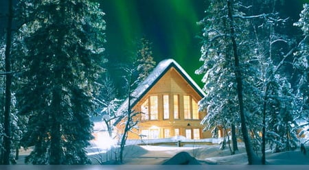 Winter chalet - trees, winter, windows, snow northern lights, chalet, light