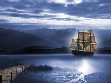 Comming on Land - sky, ship, sails, dock, clouds, sea, land