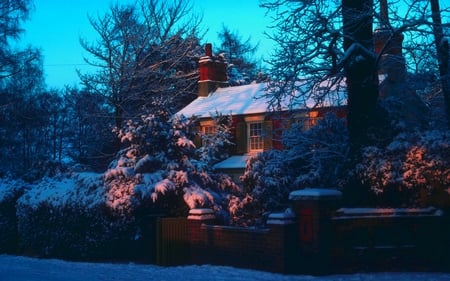 HOUSE IN WINTER - ice, fence, trees, gate, sunlight, winter, evening, snow, house