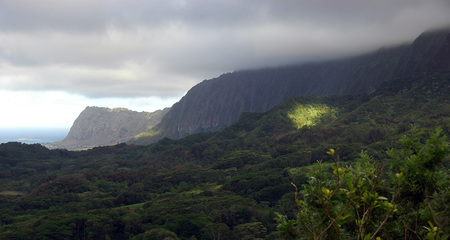 Light Spot - clouds, trees, grey, spot, green, mountains, light