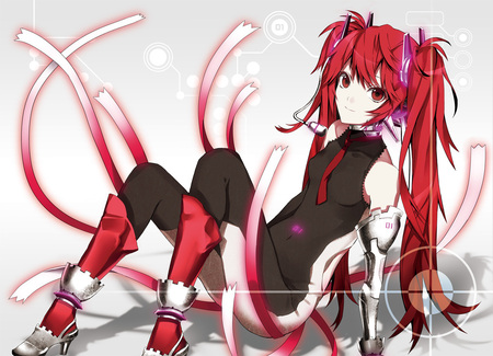 Miku in Red - tie, pretty, red hair, headphones, awesone, nice, program, append, hot, beauty, virtual, red eyes, white, cute, song, sexy, vocaloid, anime, twintail, hatsune miku, microphone, music, red, idol, anime girl, miku append, beautiful, singer, girl, cool, black, miku, diva, hatsune, vocaloids, headset