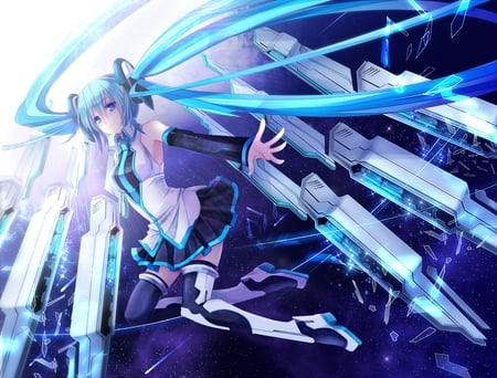 Hatsune Miku - tie, pretty, electricity, radical, light, uniform, space, nice, program, hot, thighhighs, beauty, virtual, white, gray, cute, song, sexy, vocaloid, anime, blue, twintail, hatsune miku, stars, music, aqua, idol, anime girl, skirt, beautiful, singer, girl, cool, black, glow, miku, awesome, diva, electric blue, hatsune, vocaloids