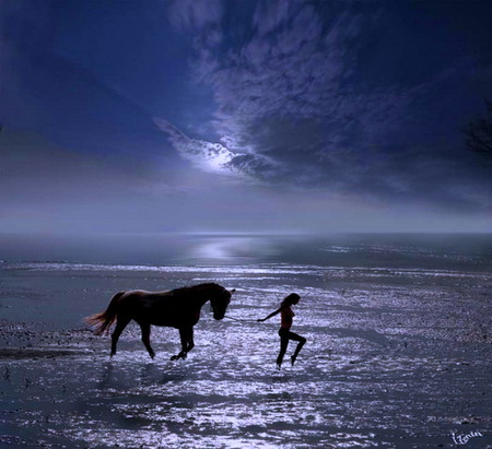 Friends in the blue - horse, evening, walk, ocean, blue, clouds, friends, moon, woman