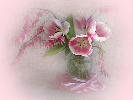 Pink softness - flowers, vase, pink hue, green leaves, pink