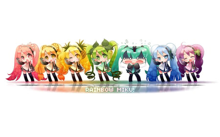 Rainbow Miku - funny, vocaloid, white backround, rainbow, unique, fruit, chibi, colors, color, hatsune miku