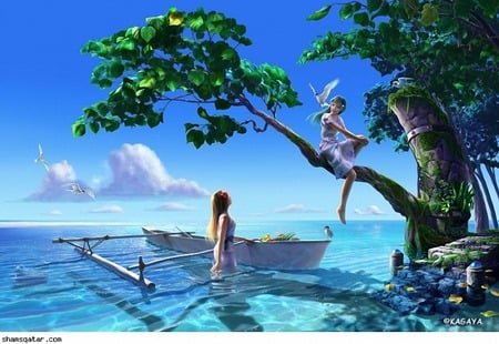 Blue fantasy - clouds, blue, boat, sea, tree, girls, fantasy, green, sky