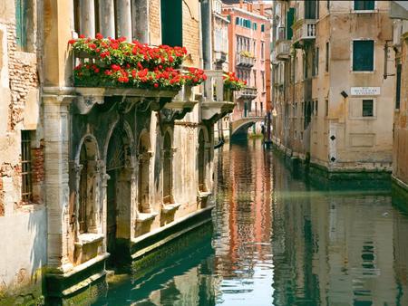 Venetian reflection - water, beautiful, reflection, flowers balcony, venice, canal, houses, italy, bridge