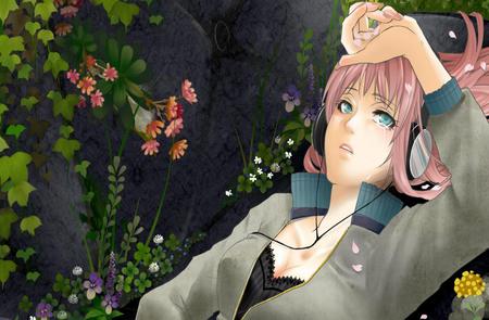 Enjoying the Surroundings - virtual, vocaloids, song, plants, megurine, singer, megurine luka, cool, pink, headphones, awesome, flowers, vocaloid, anime, butterfly, black, cute, beautiful, hot, girl, anime girl, white, pink hair, luka, colorful, program, aqua eyes, pretty, water, aqua, beauty, diva, nice, sexy, idol, headset, music, green