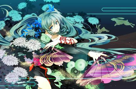 Hatsune Miku - pretty, birds, radical, pink, flowers, headphones, rainbow, nice, program, hot, thighhighs, beauty, kimono, virtual, fan, petals, white, 1080p, cute, traditional, aqua eyes, 3d, culture, song, sexy, japanese, vocaloid, anime, blue, majestic, twintail, hatsune miku, microphone, music, aqua, purple, hd, idol, rabbit, anime girl, beautiful, singer, girl, cool, black, colorful, miku, awesome, diva, aqua hair, hatsune, vocaloids, headset