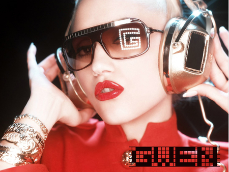 Gwen Estefani - sexy, glasses, female, girl, headphone, music, singer, red lips, blondie, red dress, eye glass