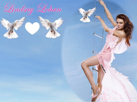 Lindsay Lohan - red hair, long hair, actress, pretty face, pink dress, female, doves