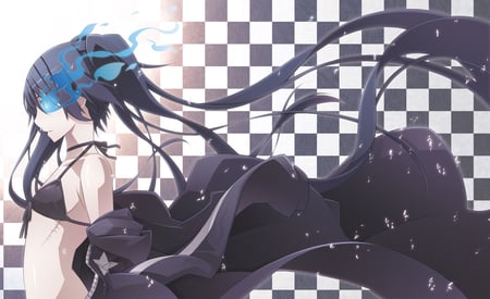 Black Rock Shooter - blue eye, rock, brs, shooter, checkerd background, fire, black