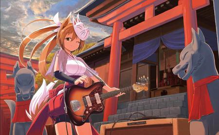 Anime - guitar, shrine, maiden, mask, anime, fox