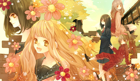 Fun Day - blond hair, female, long hair, school girls, flowers, short hair, black hair