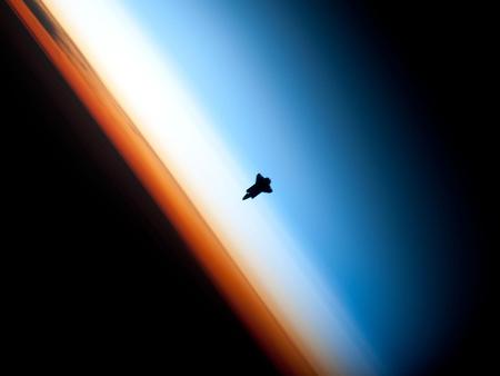 Shuttle Silhouette - space, black, white, blue, silhouette, atmosphere, shuttle, orange