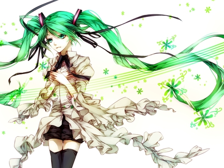 Hatsune Miku - ribbon, flowers, vocaloids, green hair