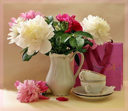 still life - elegantly, cups, pink, bag, photo, flowers, peony, nice, beautiful, photography, cool, still life, flower, bouquet, jug, harmony, gift