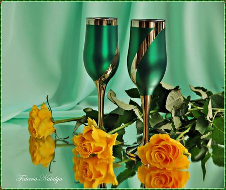 still life - nice, roses, glasses, photography, champagne, bouquet, wine, still life, rose, yellow, cool, green, harmony, drink, beautiful, flowers, photo, elegantly, flower