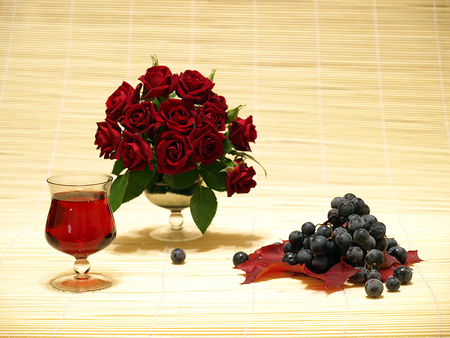 still life - nice, roses, photography, bouquet, wine, rose, still life, cool, harmony, drink, fruit, cup, beautiful, grapes, flowers, photo, flower