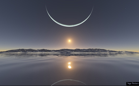 Amazing Sunset - moon, water, reflection, sun, sky