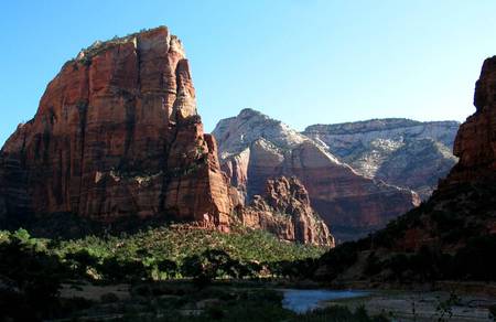 Canyon Remnants - vegetation, water, blue, mountains, rocks, sky