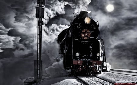 locomotive - moon, locomotive, landscape, clouds