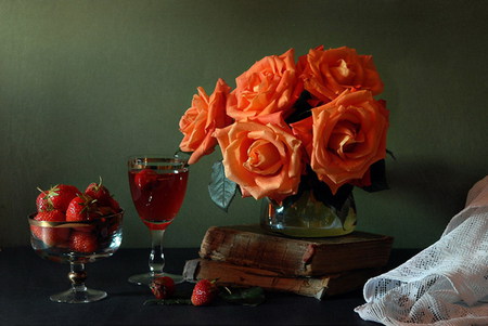 bounty of - glass, drink, flowers, strawberries, cloth, fruit, wine, reading, books