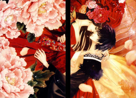 :) - male, female, couple, kimono, black hair, flower