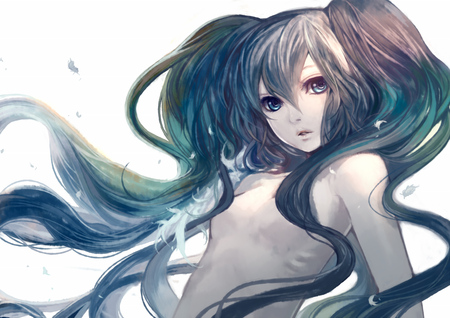 Hatsune Miku - nice, beauty, aqua, music, twintail, singer, anime girl, black, white, virtual, painting, art, pretty, cool, idol, petals, anime, miku, cute, artistic, hatsune miku, girl, song, drawing, hatsune, vocaloids, program, vocaloid, beautiful, awesome, diva, dress