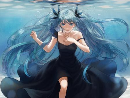 Hatsune Miku - Deep Sea Girl - pretty, wing, angel, nice, ocean girl, program, thighhighs, beauty, virtual, white, bubbles, song, vocaloid, anime, blue, twintail, dress, hatsune miku, surface, music, aqua, black dress, deep sea gril, idol, anime girl, water, beautiful, singer, girl, cool, black, glow, miku, awesome, diva, underwater, hatsune, vocaloids