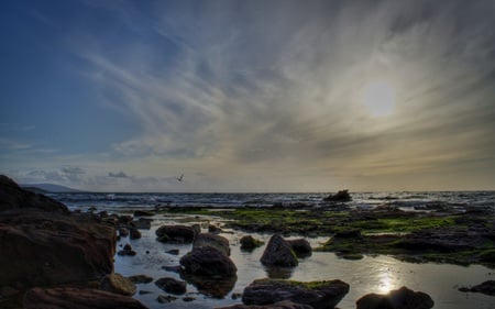 A Unique Sunset - beaches, serene, sunset, waves, calm, nature, cloudy, beautiful, rocky