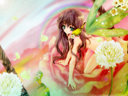 Fairy - green eyes, rainbow, fairy, colors, flower, brown hair, bird