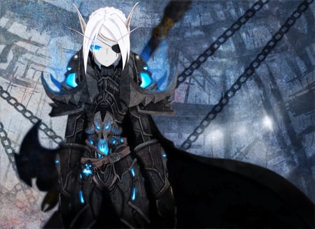 Armored elf - wow, elf, chain, blue eyes, eyepatch, auer, armor, white hair