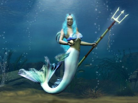 MERMAID - bubbles, female, mermaid, trident