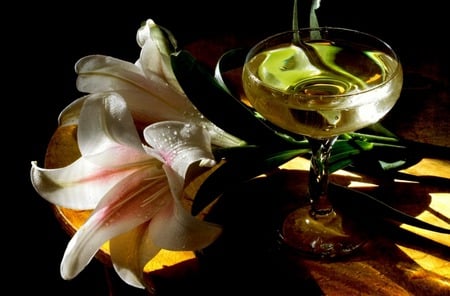 Seduction - flowers, wineglass, lilys, table, still life