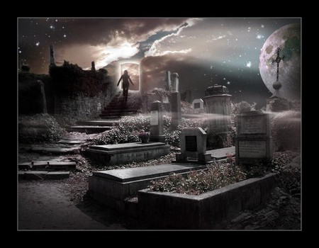 LEAVING THIS LIFE - moon, cemetery, stars, clouds, night, doorway