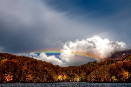 RAINBOW - sky, autumn, rainbow, forest, clouds, water