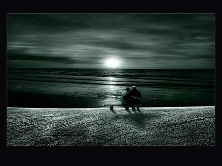 TOGETHER AS ONE - sunset, bench, together, ocean, stars, couple, sky