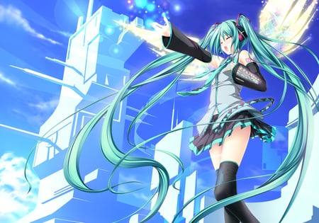 Hatsune Miku - tie, pretty, singing, artistic, angel, light, uniform, headphones, nice, abstract, digital city, angeloid, program, thighhighs, city, beauty, virtual, white clouds, white, wings, cute, aqua eyes, feathers, song, vocaloid, anime, blue, twintail, blue sky, hatsune miku, creative, microphone, music, aqua, art, sky, idol, clouds, anime girl, skirt, beautiful, singer, girl, cool, buildings, glow, miku, awesome, diva, digital, aqua hair, hatsune, vocaloids, headset