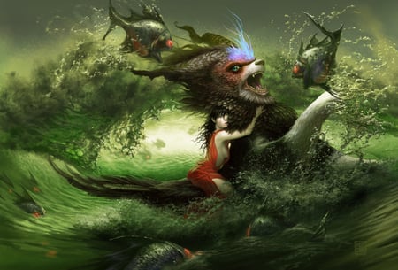 Wallpaper - water, red, girl, fish, beast