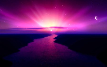 PURPLE MORNING SUNRISE - moon, morning, sky, stars, purple, river, sunrise