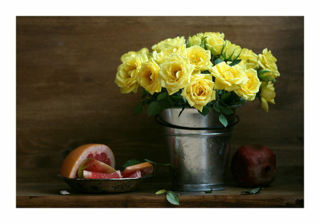 still life - nice, pomegranate, roses, photography, grapefruit, rose, still life, fruit, cool, yellow, bucket, beautiful, flowers, photo, flower, harmony