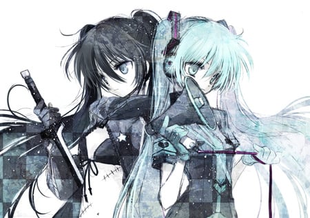 Black★Rock Shooter and Hatsune Miku - blue hair, black hair, sword, long, vocaloids, microphone