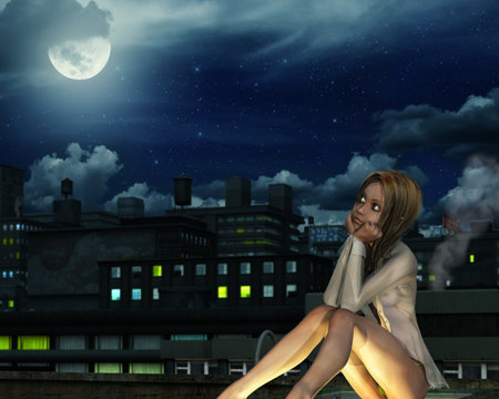 Girl and the moon - moon, town, girl, night, stars, thinking