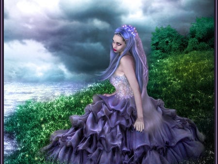 Fantasy girl - girl, river, green, field, lilac, dress