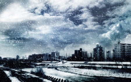 snowy day - snow, clouds, city, buildings