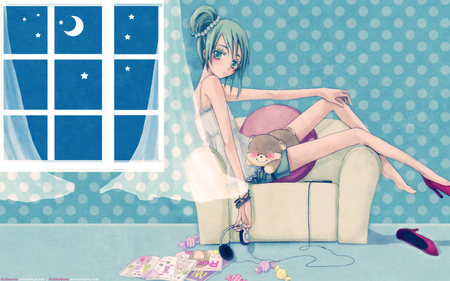 Miku Hatsune - red shoes, cyan hair, window, miku hatsune