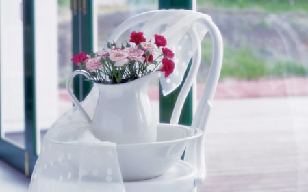 still life in white - roses, pink, red, beautiful, white chear, pot vase, shawl, flowers